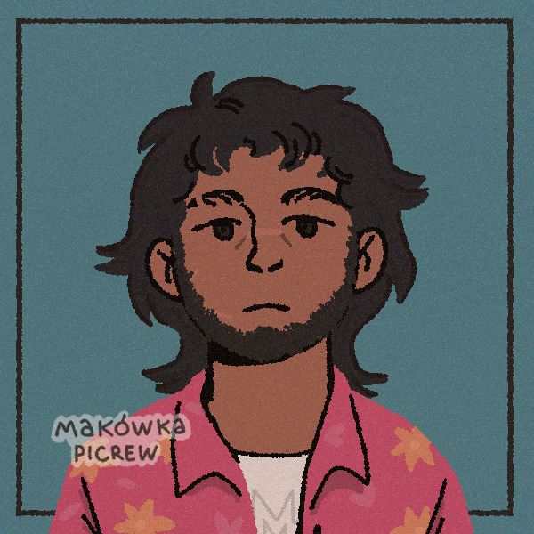 Digital art of a dark skinned man with fluffy black hair and a black chinstrap beard. He is wearing a pink floral shirt and has several faint scars across his face.